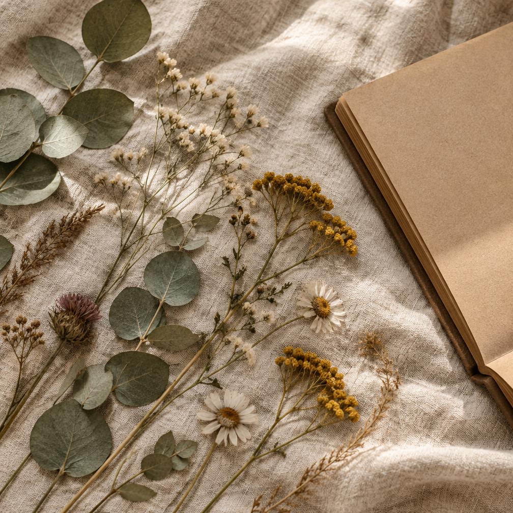 Pressed eucalyptus and dried wildflowers on oatmeal linen beside an open notebook