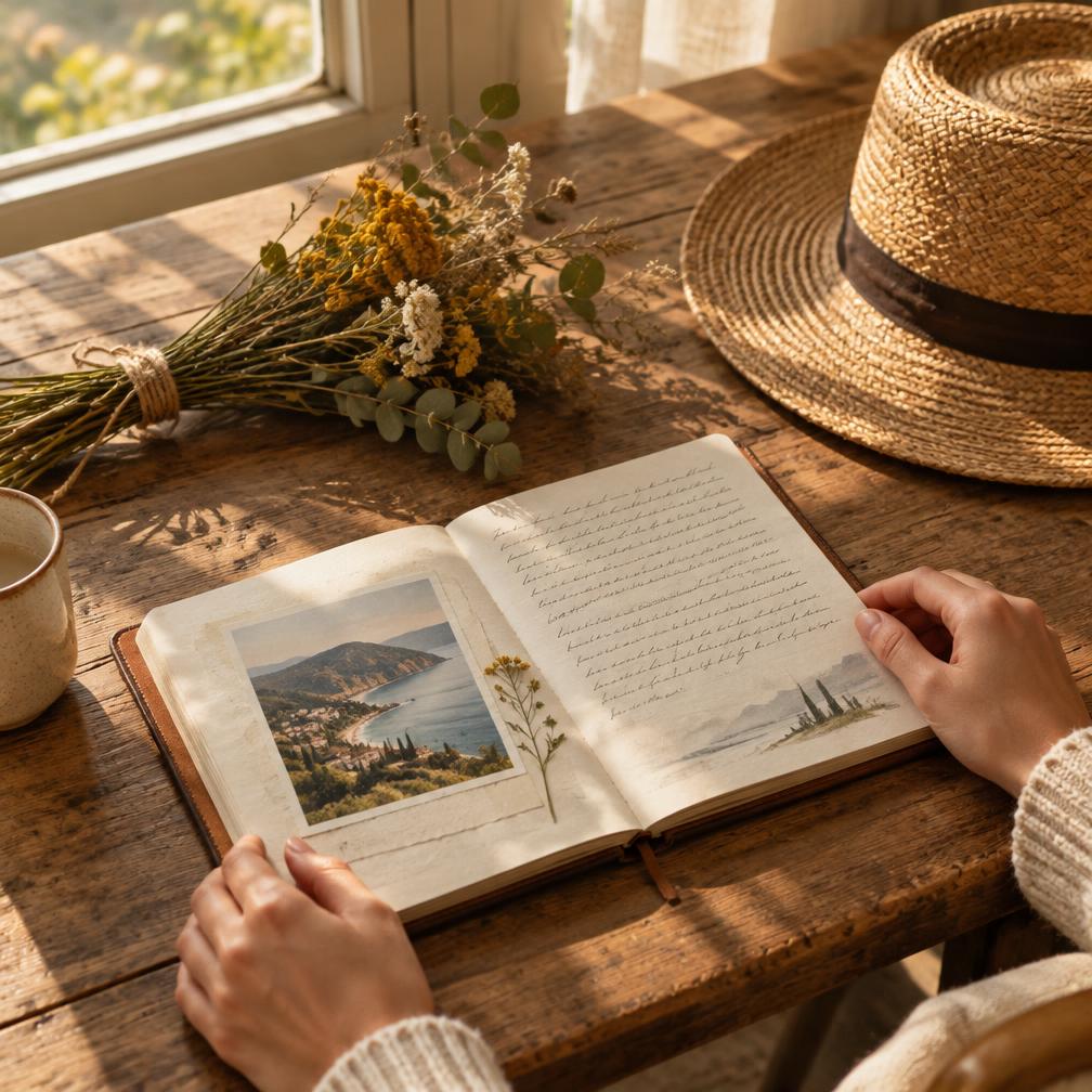 A travel journal with dried wildflowers and a straw hat on a sunlit wooden table